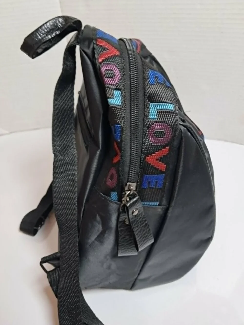 Black Mini Backpack LOVE Colorful Ribbon Oxford Fabric